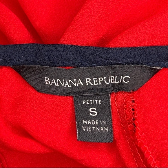 Petite Small Banana Republic Red Long Sleeve Blouse Dark Navy Blue Trim - Picture 10 of 13